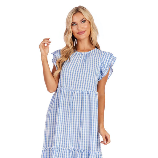 BARDOT MAXI DRESS BLUE GINGHAM - WOMENS