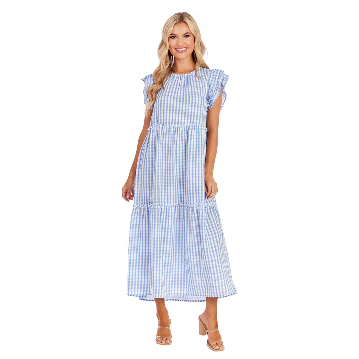 BARDOT MAXI DRESS BLUE GINGHAM - WOMENS