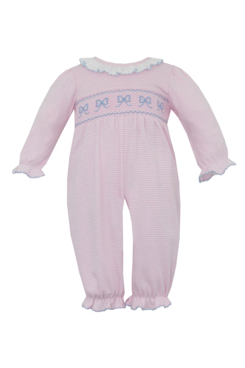 BOWS - Pink knit stripe girl's long romper