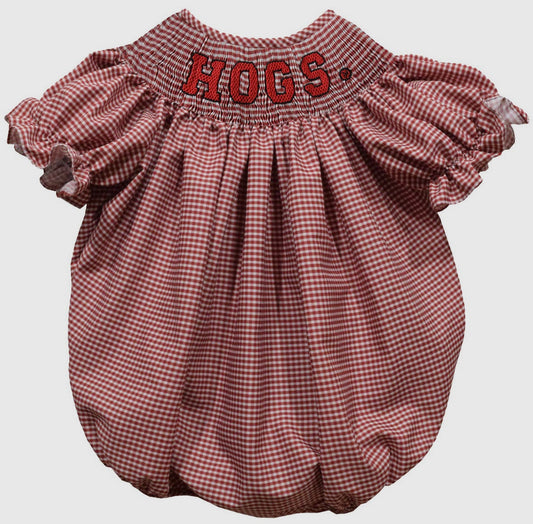 RAZORBACKS SMOCKED RED GINGHAM BUBBLE