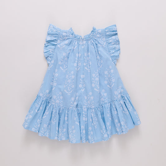 GIRLS HARPER DRESS - BLUE DEWDROP BLOCK PRINT