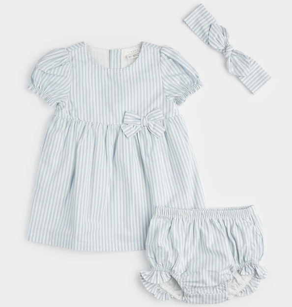 Celestial Blue Yarn-Dyed Striped Woven Dress Set (3 pc)