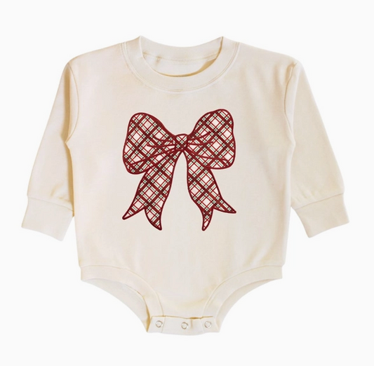 Christmas Plaid Bow Patch Long Sleeve Romper