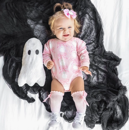 Coquette Ghost Halloween Long Sleeve Romper - Pink