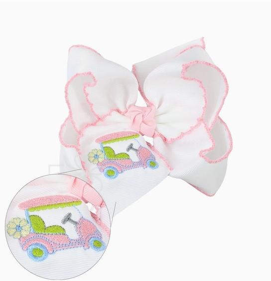 Embroidered Golf Cart Crochet Edge Hair Bow