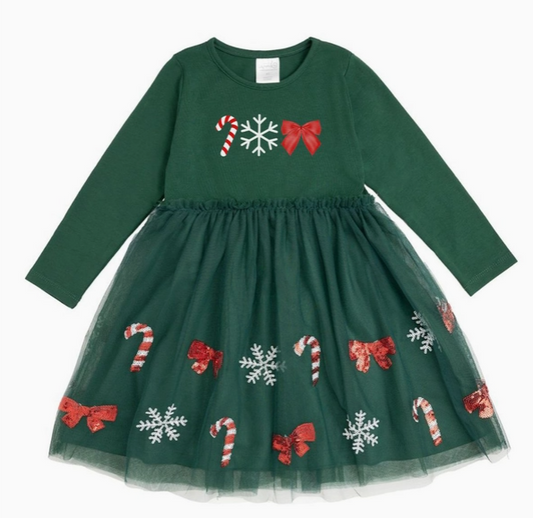 Emerald Candy Cane Sequin Christmas Long Sleeve Tutu Dress