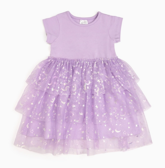 Lilac Star and Moon Halloween Short Sleeve Tutu Dress