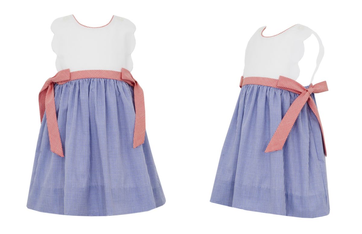 Royal blue check- Scalloped sundress w/side bows in red gingham
