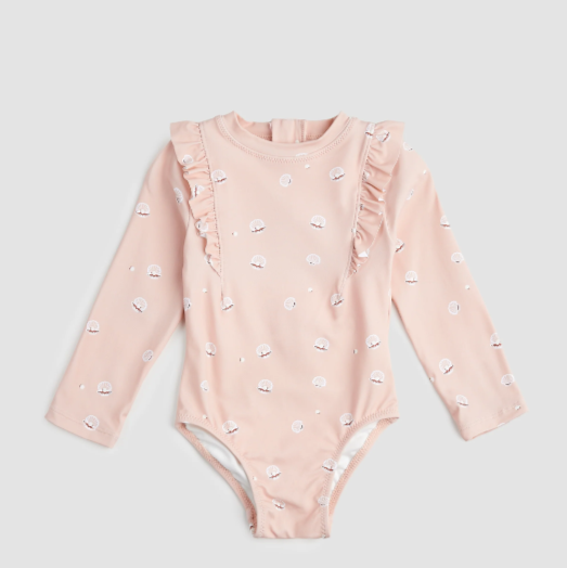 Pearl Shell Print On Pink Long-Sleeve Swimsuit