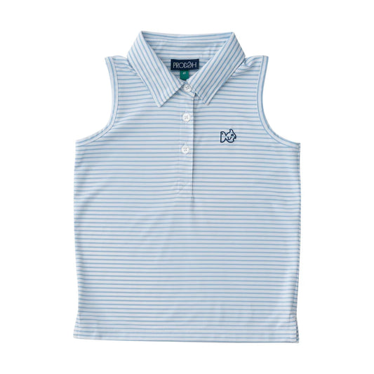 Girls Sleeveless Pro Performance Polo Shirt in Clear Sky Stripe