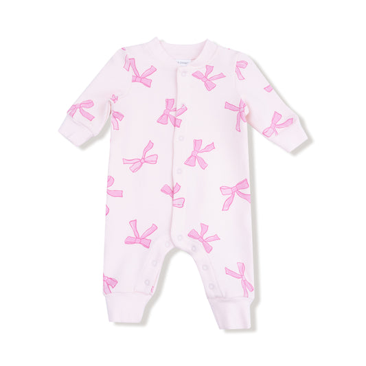 French Terry - Pretty Bows - Baseball  Collar Romper With Front Placket