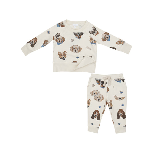 French Terry Vintage Puppy Faces - Raglan Sweatshirt & Jogger Set