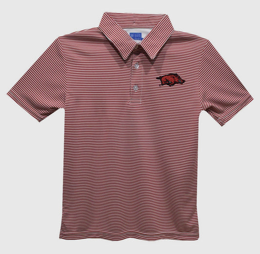 RAZORBACKS EMBROIDERED RED STRIPE POLO