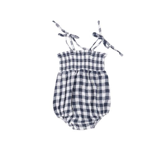 GINGHAM NAVY TIE STRAP  SMOCKED BUBBLE