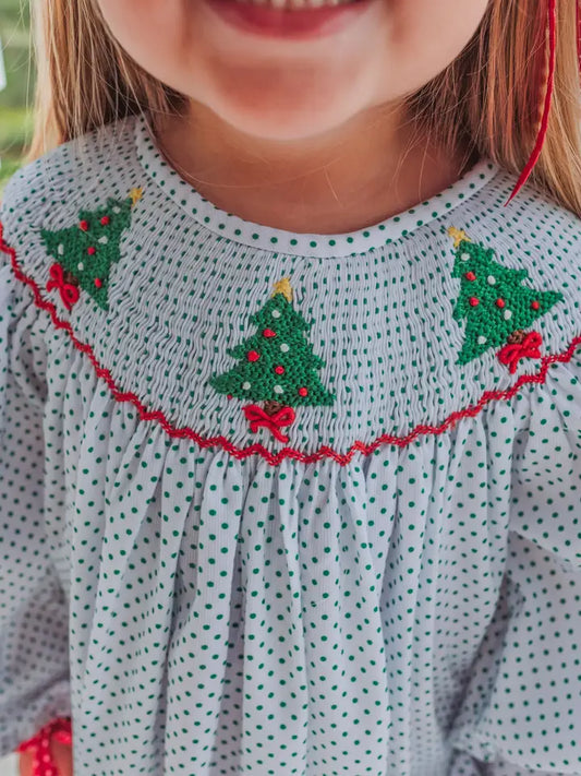 GIRLS GREEN BITTY DOT SMOCKED CHRISTMAS TREES BUBBLE