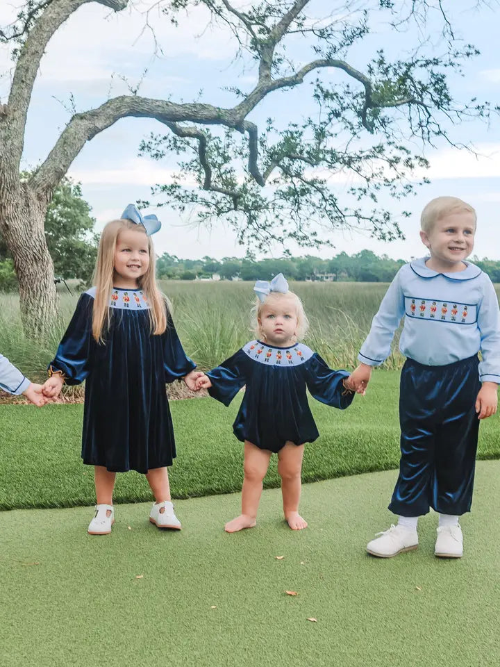 NAVY VELVET SMOCKED NUTCRACKER DRESS