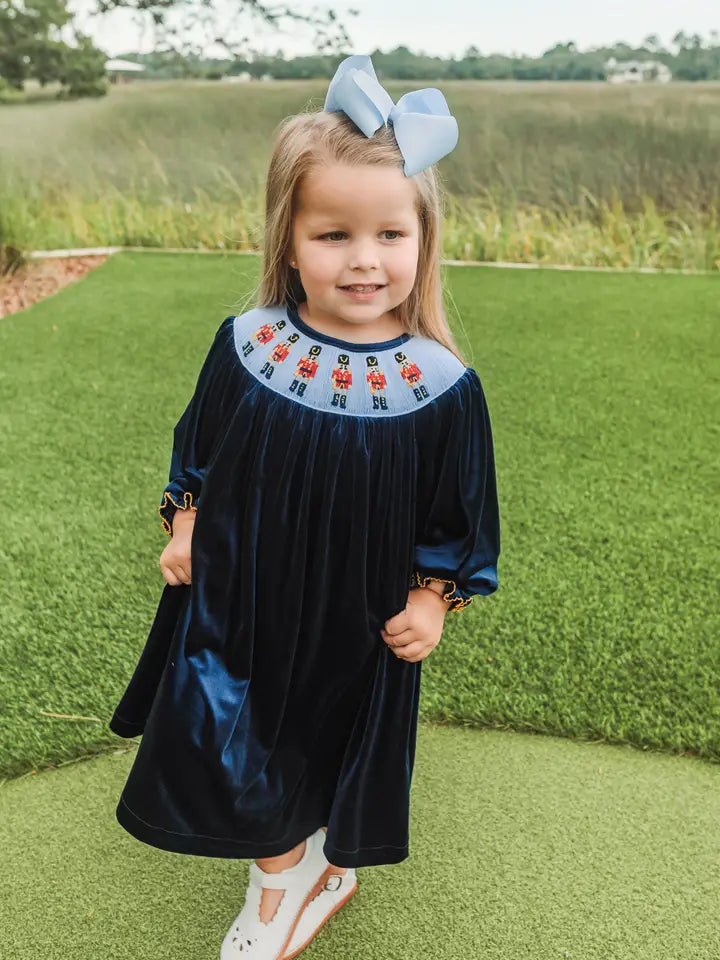 NAVY VELVET SMOCKED NUTCRACKER DRESS