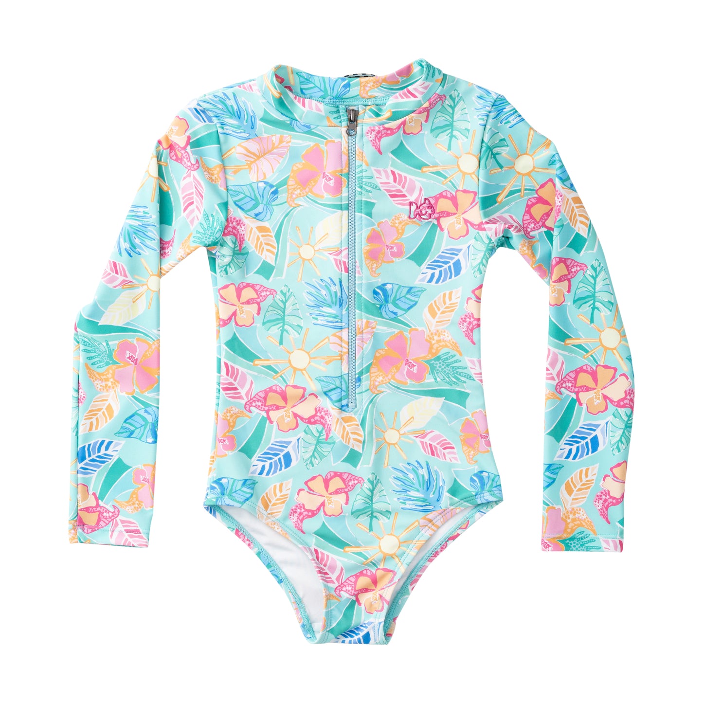 Girls Longe Sleeve Surf & Turf Zip Front Swim Suit | Palm Paradise
