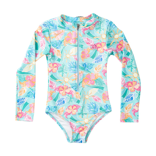 Girls Longe Sleeve Surf & Turf Zip Front Swim Suit | Palm Paradise