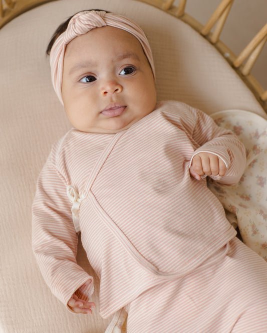 Wrap Top + Footed Pant Set || Melon Micro Stripe