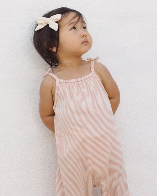 Smocked Jumpsuit || Melon Micro Stripe