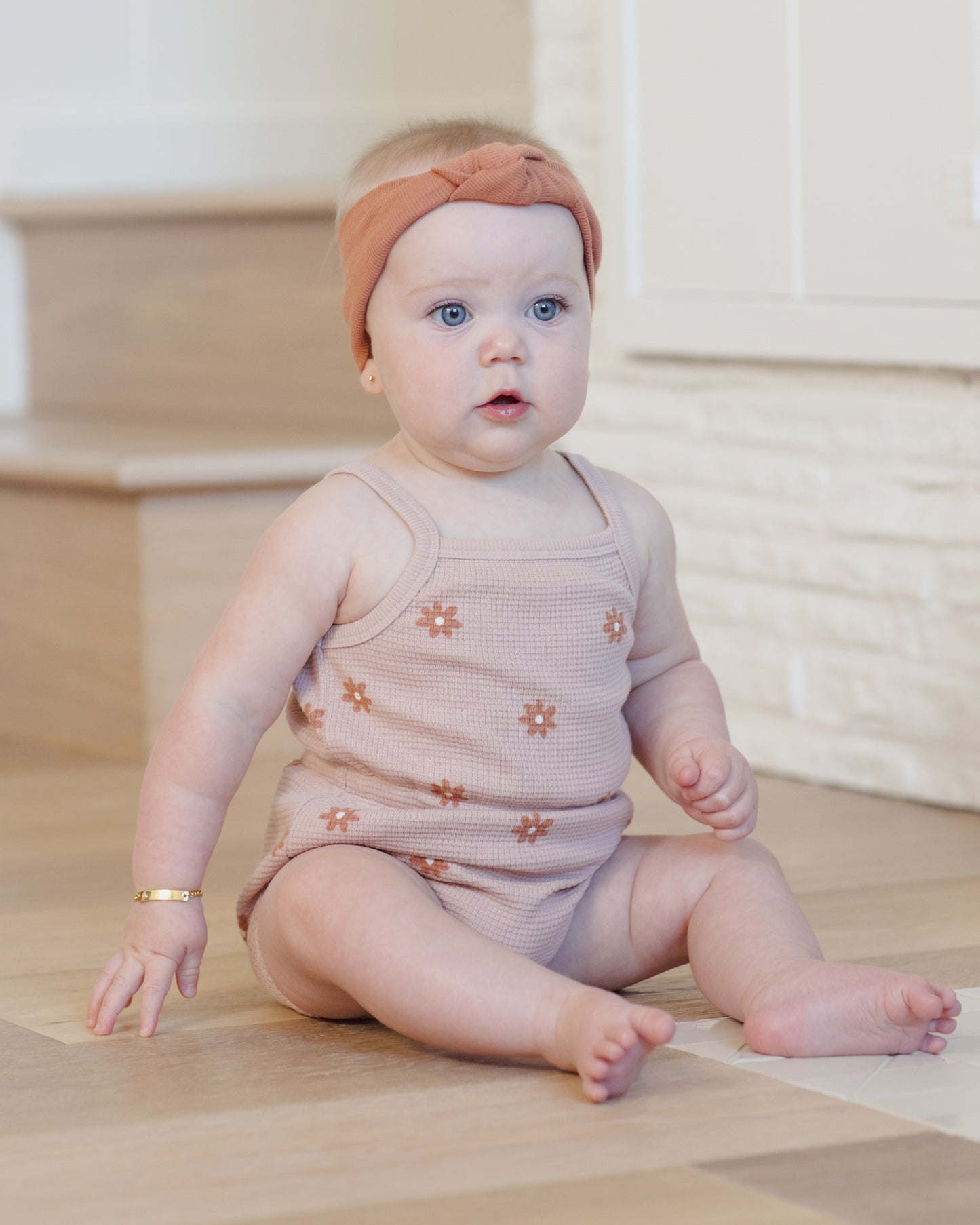 Waffle Cinch Romper || Pink Daisy