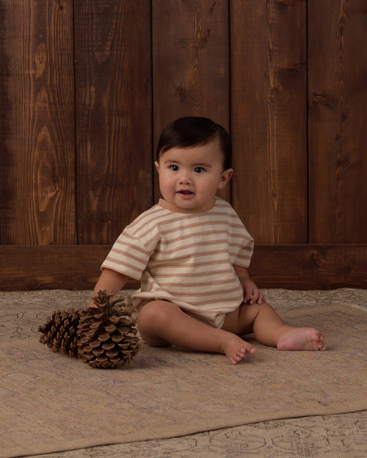 RELAXED BUBBLE ROMPER FAWN STRIPE