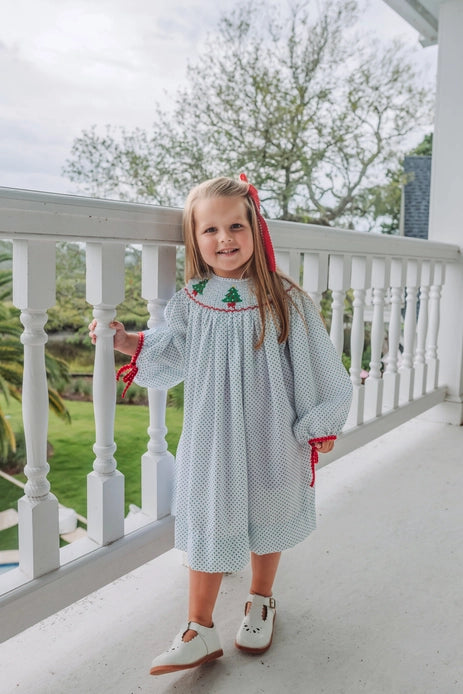 SMOCKED BITTY DOT TREES BISHOP DRESS