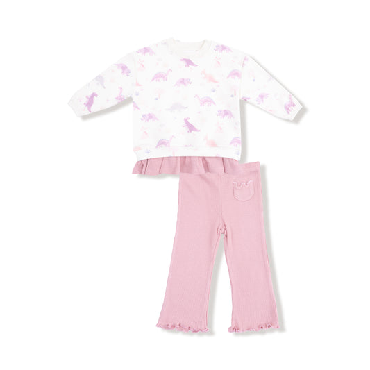 Soft Dinos- French Terry - Purple - Pull Over Sweatshirt With Ruffle And Waffle Flare Pant