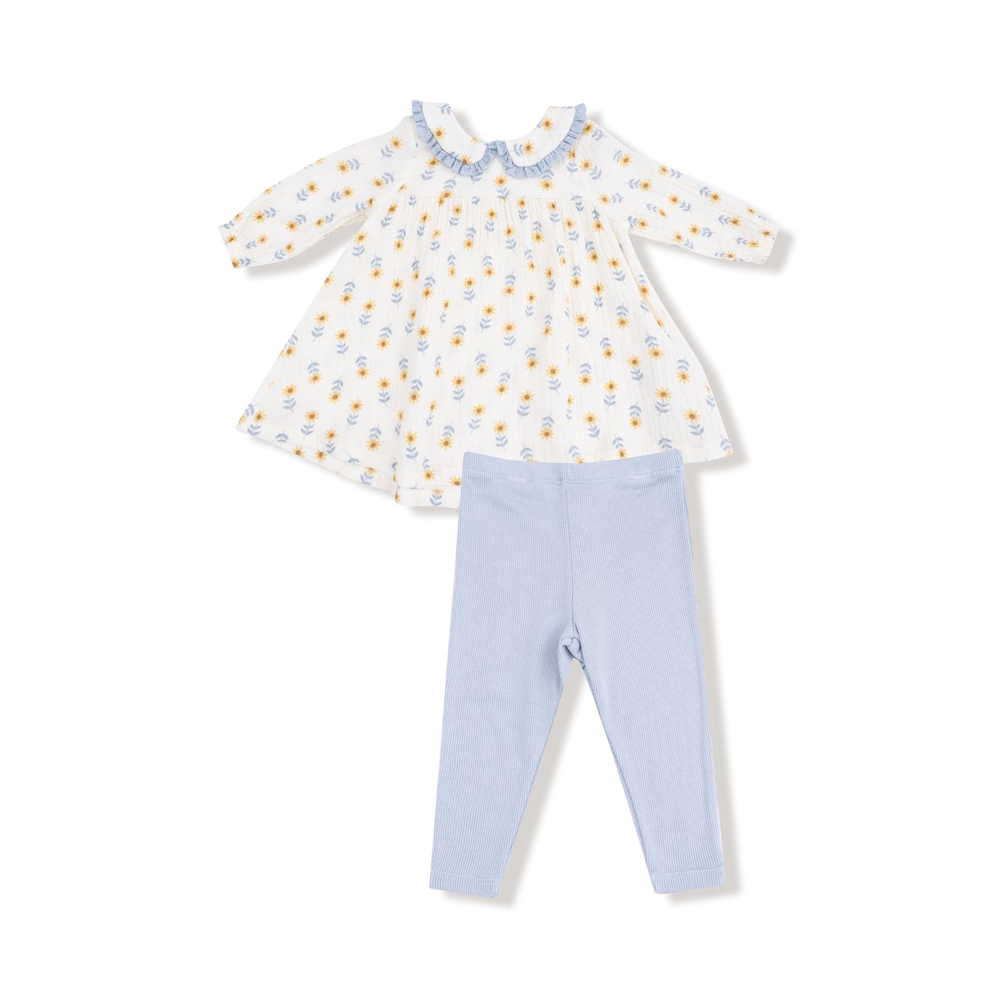 Western Sunflower - Peter Pan Collar Dress With Eyelet Trim And Ribbed Leggings