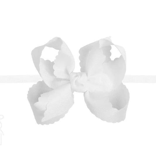 1/4" Nylon Pantyhose Headband w/ Scalloped Edge Bow | White