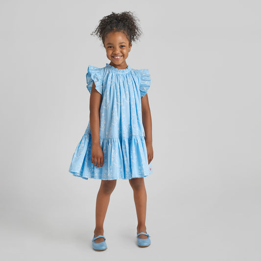 GIRLS HARPER DRESS - BLUE DEWDROP BLOCK PRINT