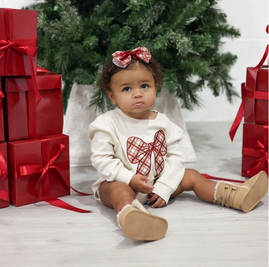 Christmas Plaid Bow Patch Long Sleeve Romper