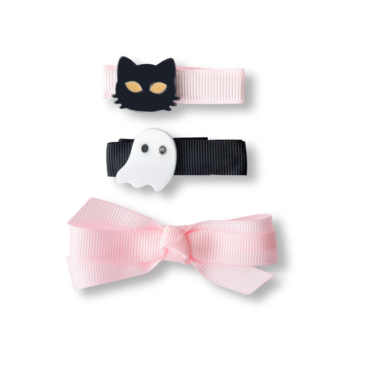 Cat Ghost and Fabric Bow Pink Baby Hair Clips