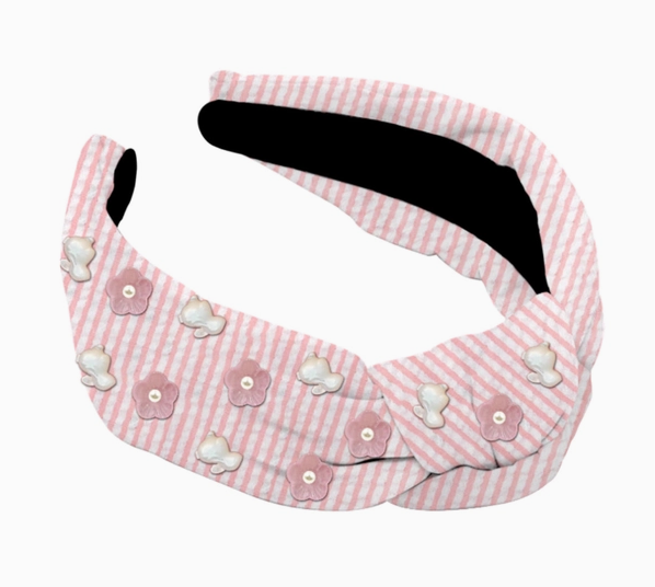 Pink Seersucker Headband with Bunnies and Flowers - Child Size