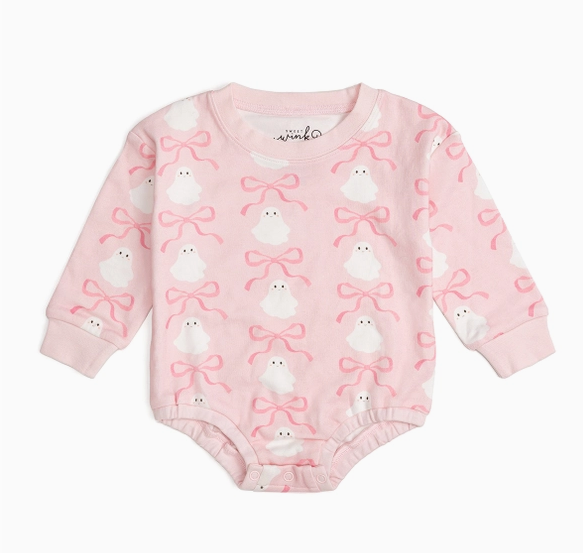 Coquette Ghost Halloween Long Sleeve Romper - Pink