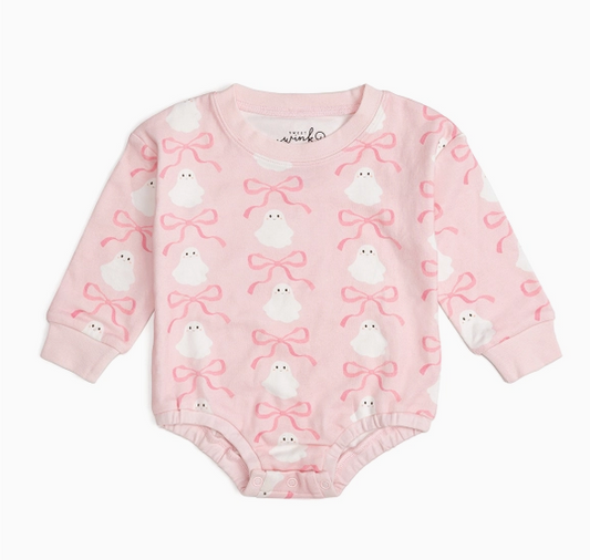 Coquette Ghost Halloween Long Sleeve Romper - Pink