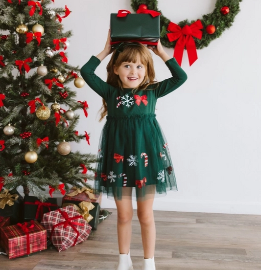 Emerald Candy Cane Sequin Christmas Long Sleeve Tutu Dress