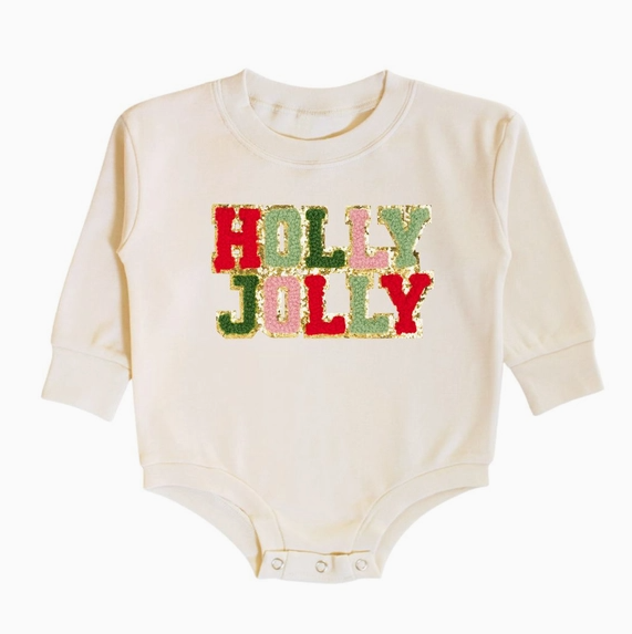 Holly Jolly Patch Christmas Long Sleeve Romper - Natural