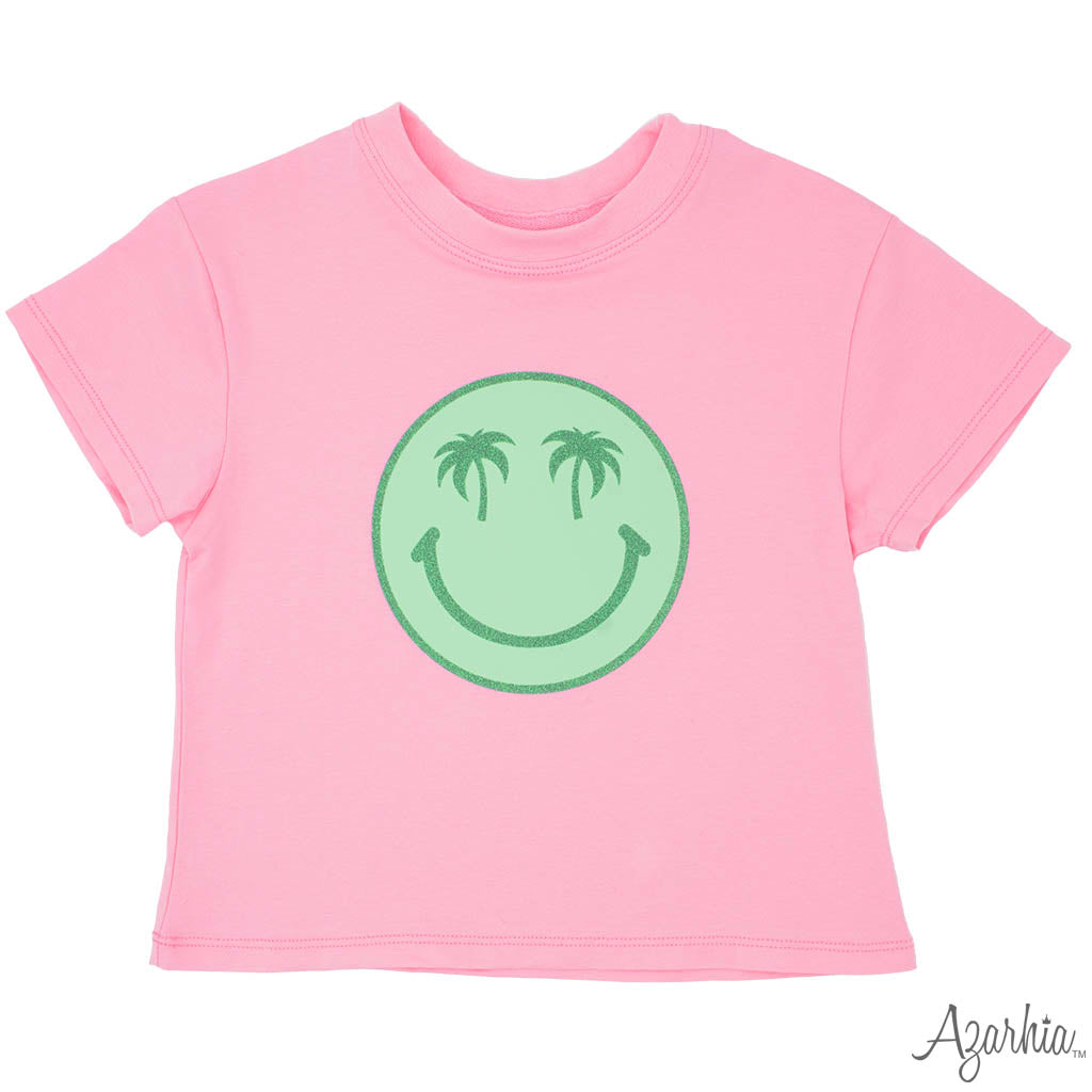 Palm Smiley in Glitter on Pink Boxy Tee