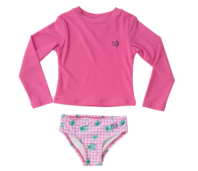 Girls' Reef Rashguard Swim Set in Fuchsia Pink Fuchsia Top and Pink Gingham Turtle Print Bottoms