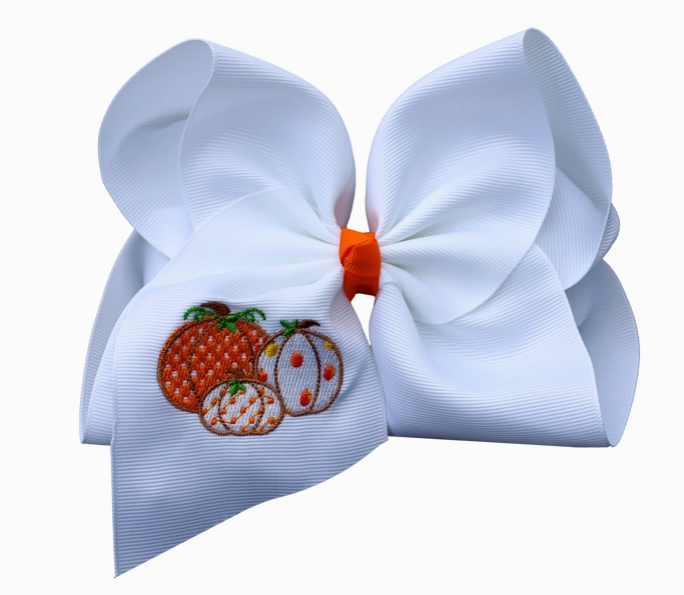 Polka Dot Pumpkin Trio Embroidered Hair Bow - Alligator Clip