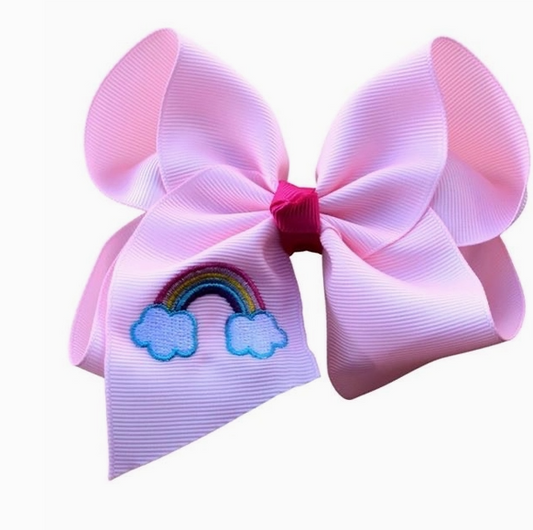 Pink Rainbow Embroidered Hair Bow