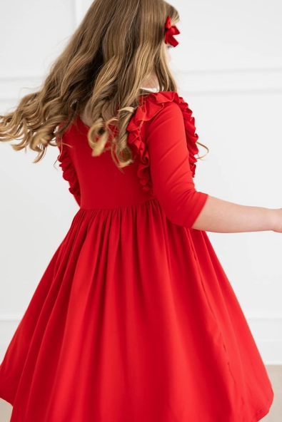 Red 3/4 Ruffle Twirl Dress