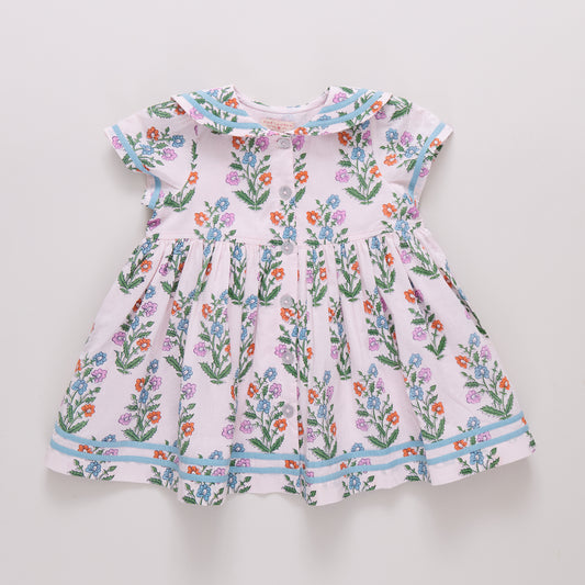 GIRLS ELOWEN DRESS - PINK DEWDROP BLOCK PRINT
