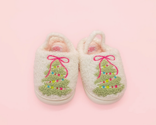 Pink Bow Christmas Tree Slippers