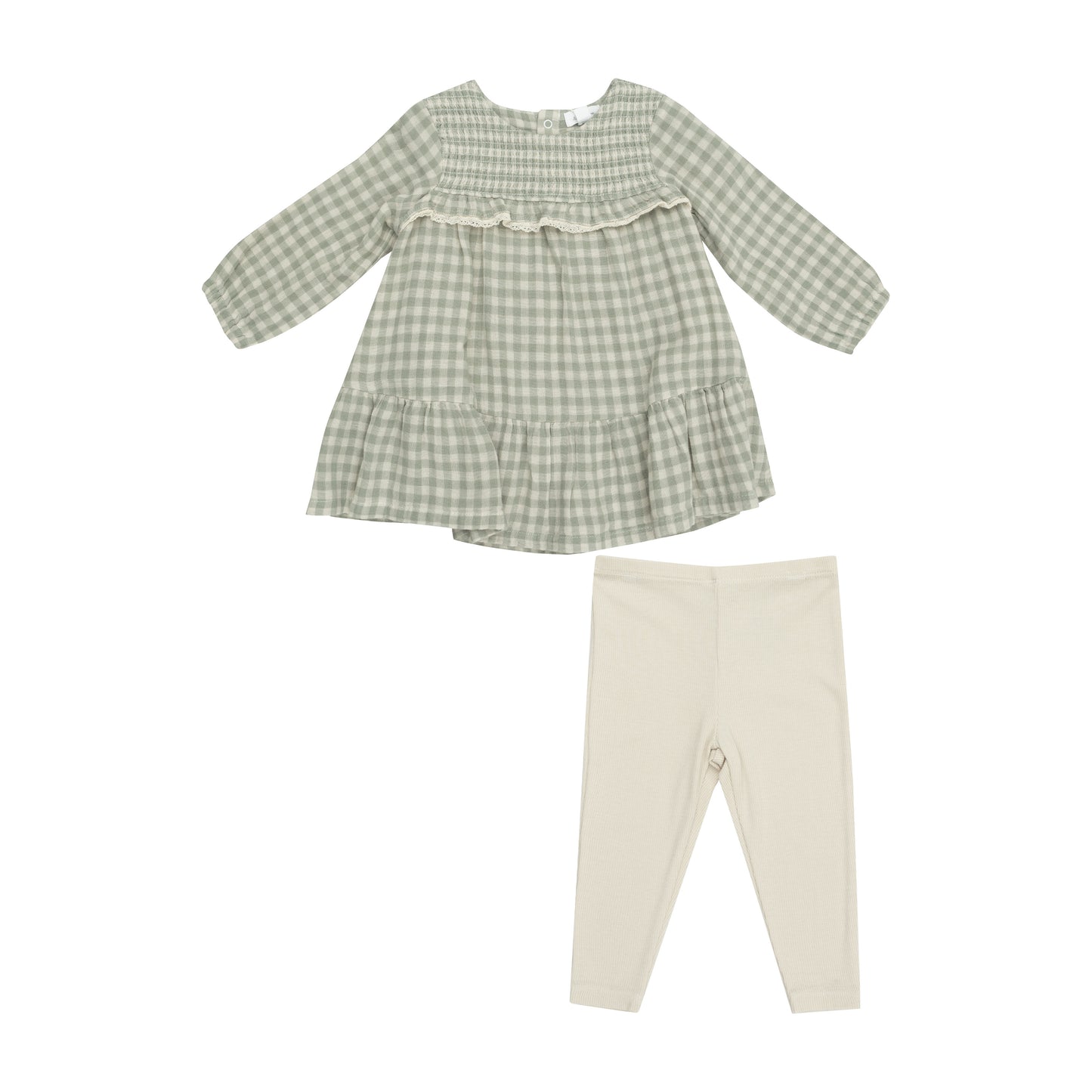 Mini Green Gingham - Smocked Ruffle Tiered Dress And Ribbed Legging