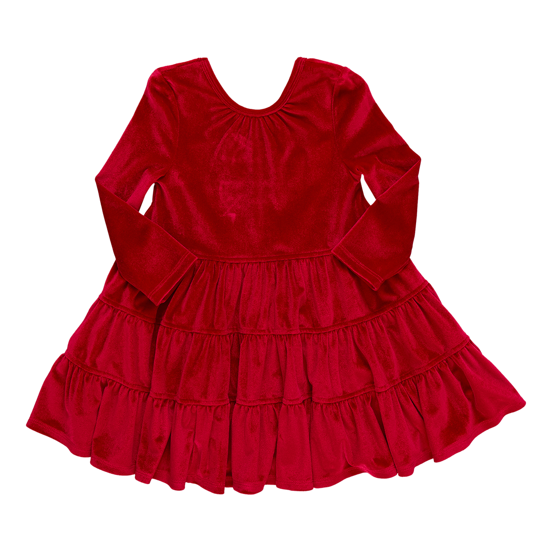 Girls Velour Pearl Dress - Red