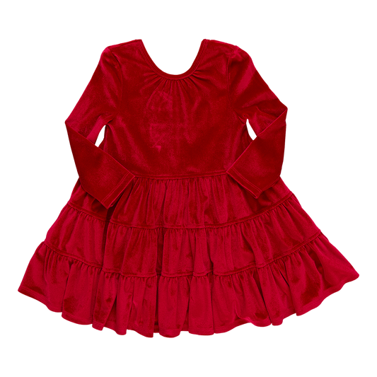 Girls Velour Pearl Dress - Red