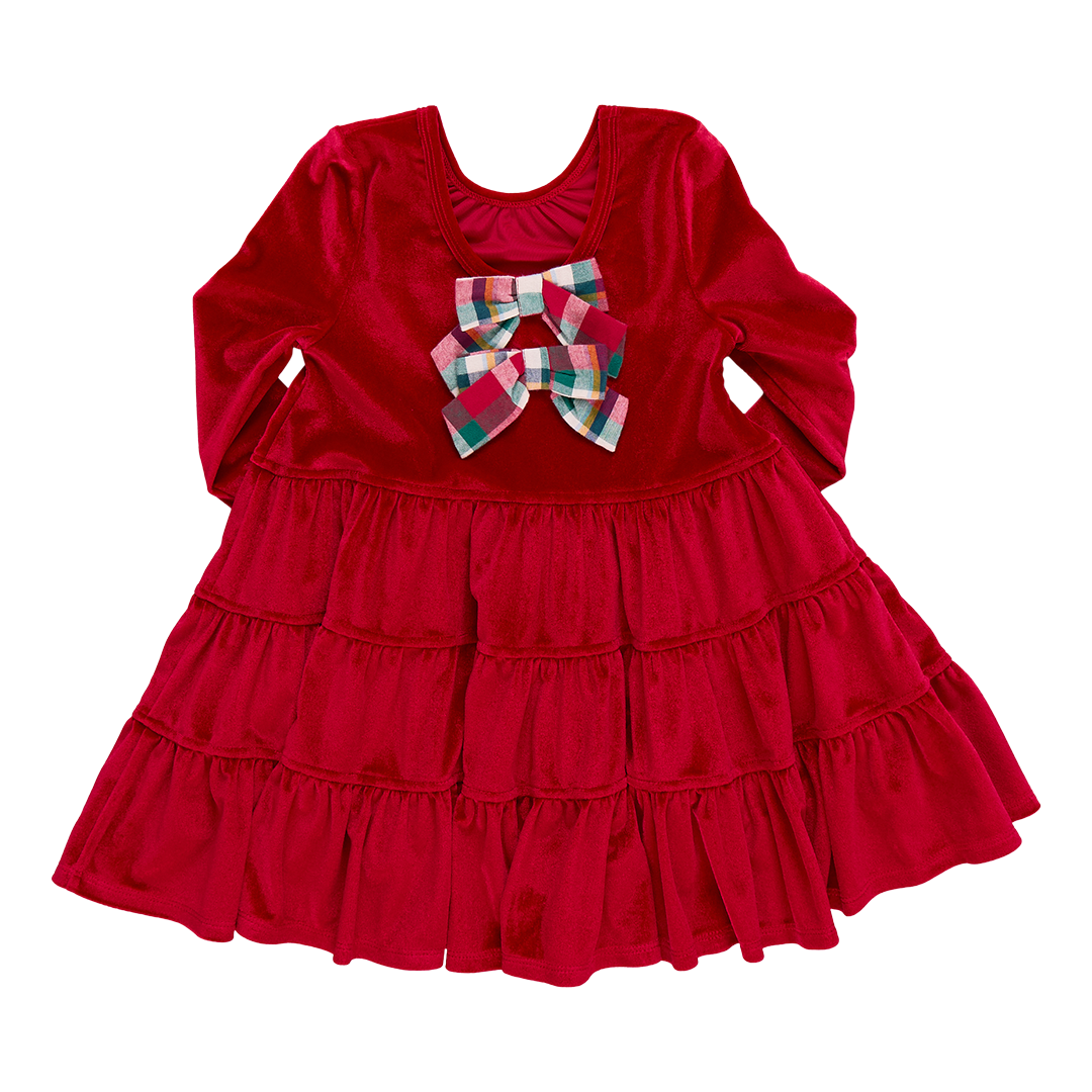 Girls Velour Pearl Dress - Red